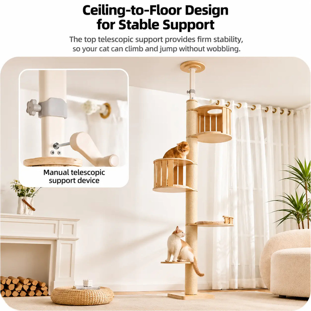 Tall V03 cat climbing tower installed between floor and ceiling with multiple wooden perches and enclosed resting spaces.