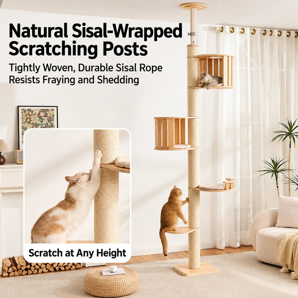 V03 wooden floor-to-ceiling cat climbing tower with double cat condos, multiple platforms and hemp scratching column.