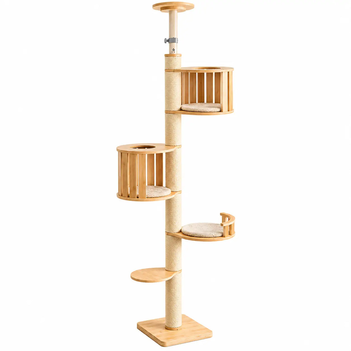 V03 wooden floor-to-ceiling cat tree featuring a sisal-wrapped scratching post, two elevated cat houses, multiple climbing platforms and a sturdy wooden base, displayed on a white background.