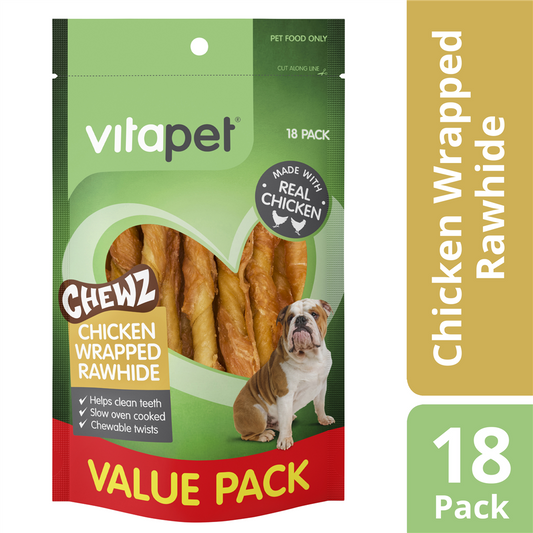 VITAPET Chewz Dog Treats Chicken Wrapped Rawhide Twists 18 Pack