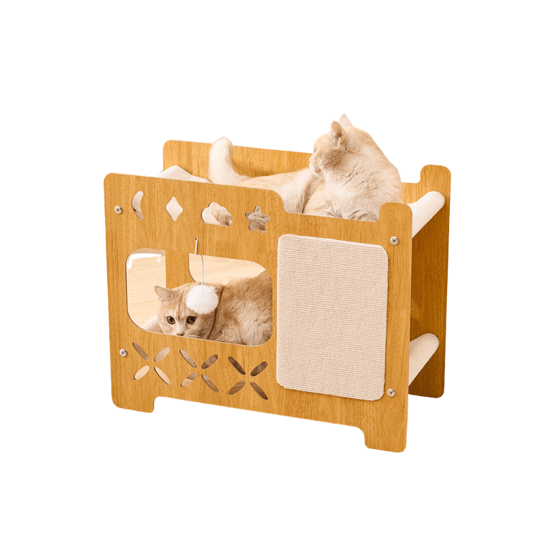 wooden cat house with scratching panel and two-level resting space for indoor cats