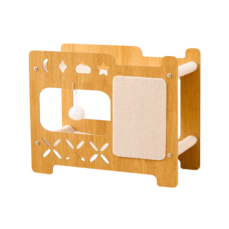 wooden cat house with scratching panel and hideaway space for indoor cats