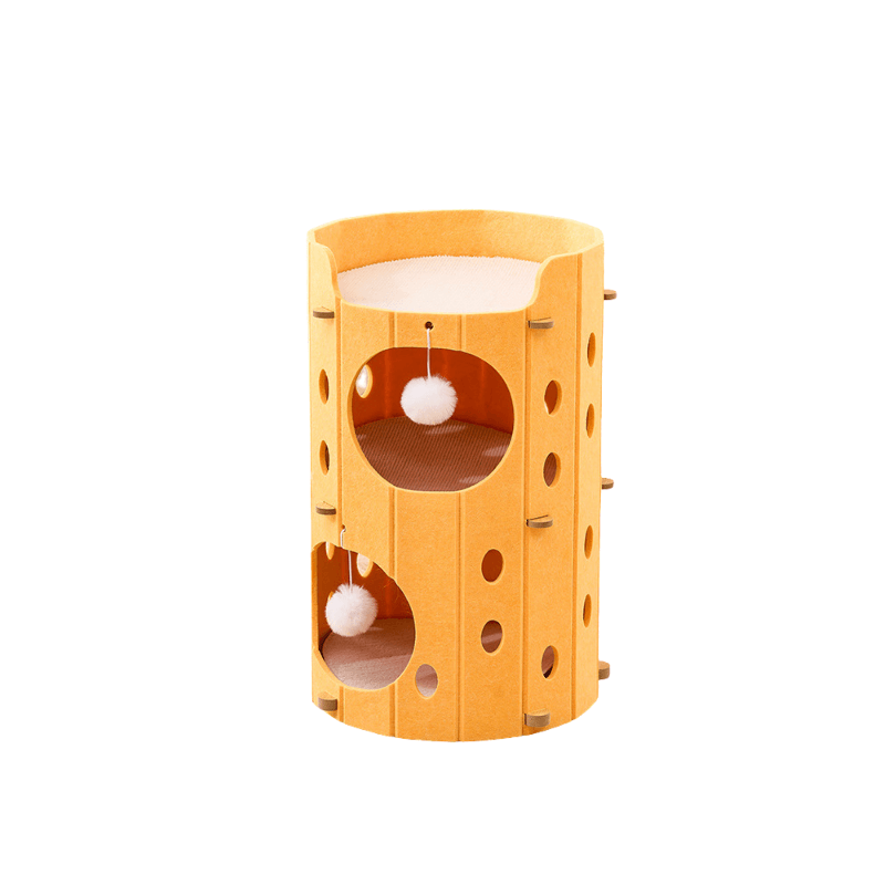 yellow 3-level cat tower with hideaway condo and scratching panels