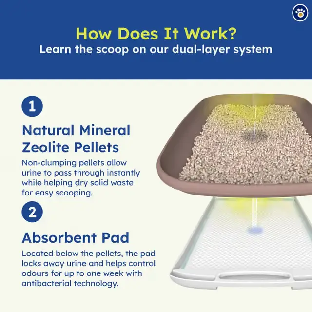 Diagram illustrating how natural zeolite pellets dry solid waste while the antibacterial pad absorbs urine and traps odours