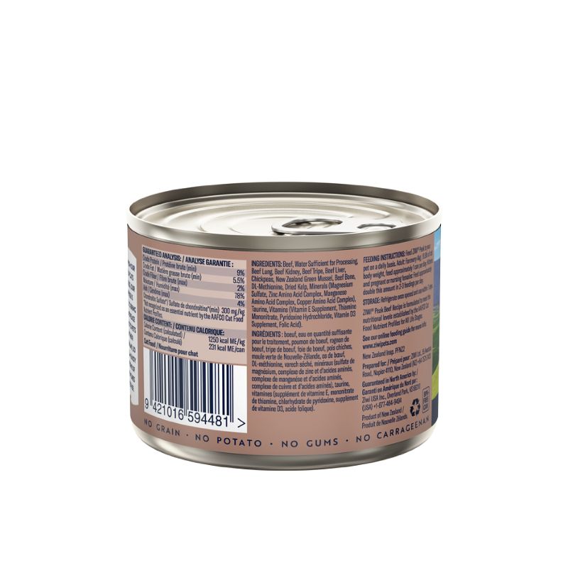 ziwi peak grain free beef wet cat food canned 185g back