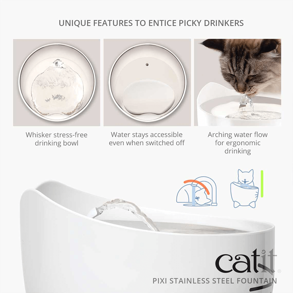 Catit Pixi Cat Automatic Water Fountain Stanless Steel 2L unique features