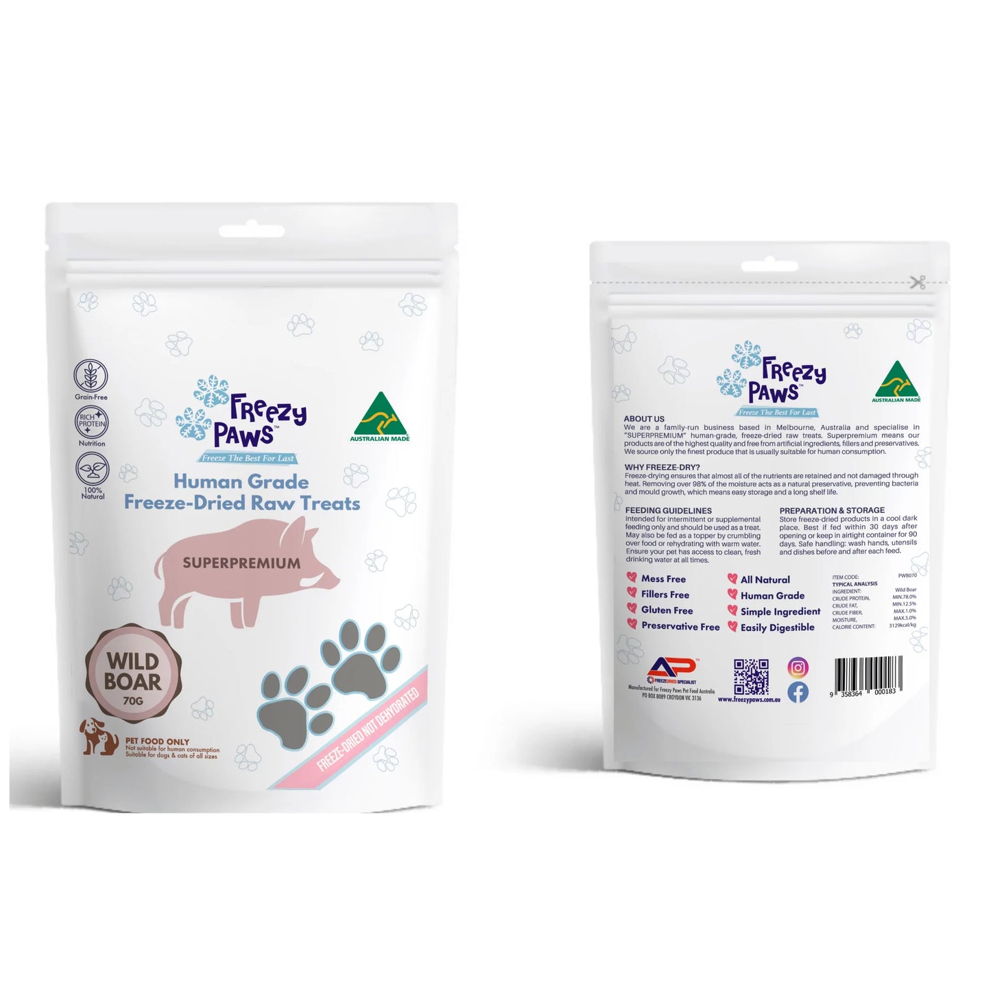 Freezy Paws - Superpremium Human Grade Freeze-Dried Wild Boar Meat Raw Treats 70g - ADS Pet Store