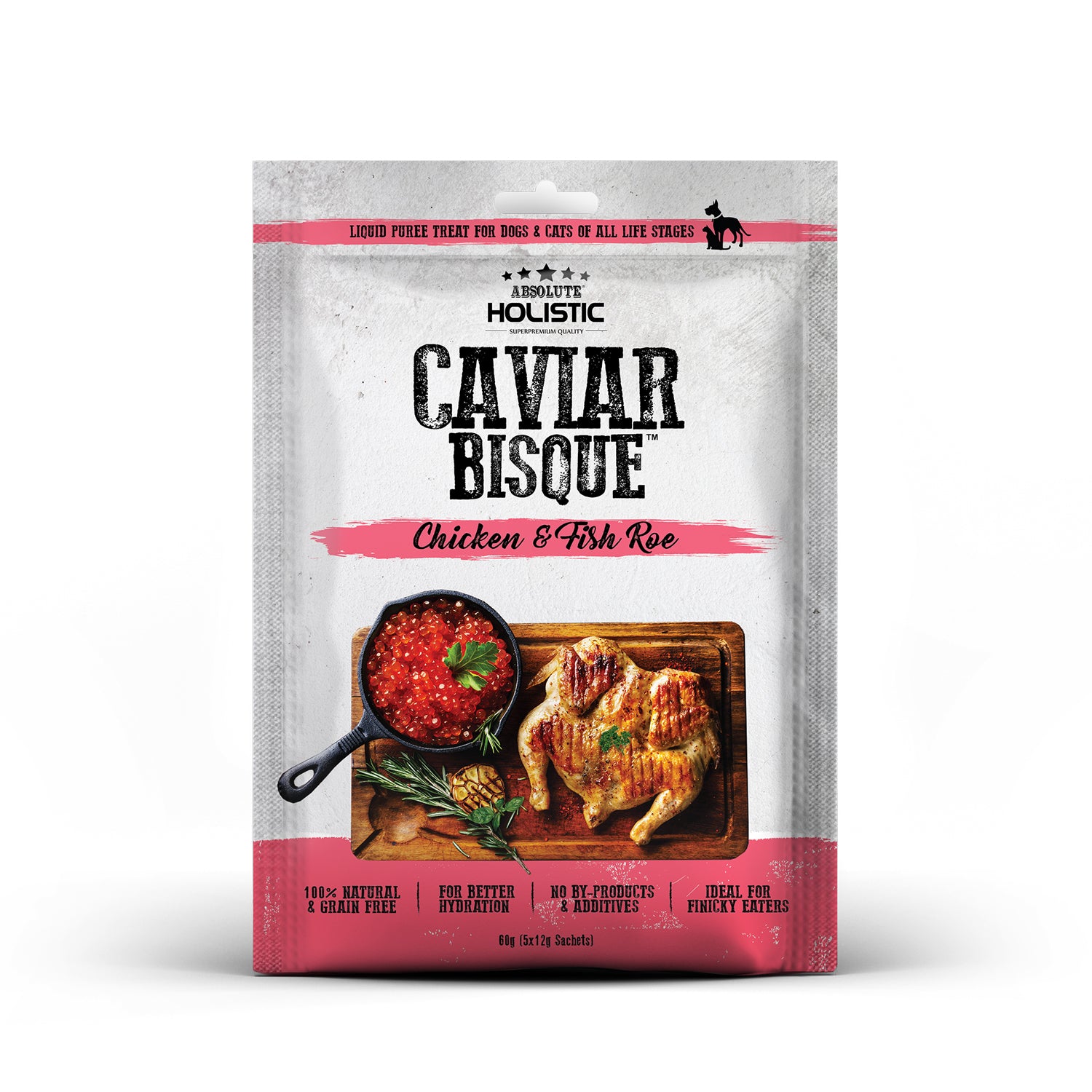 Absolute Holistic Natural Cat & Dog Treats Caviar Bisque Chicken & Fish Roe 60g front