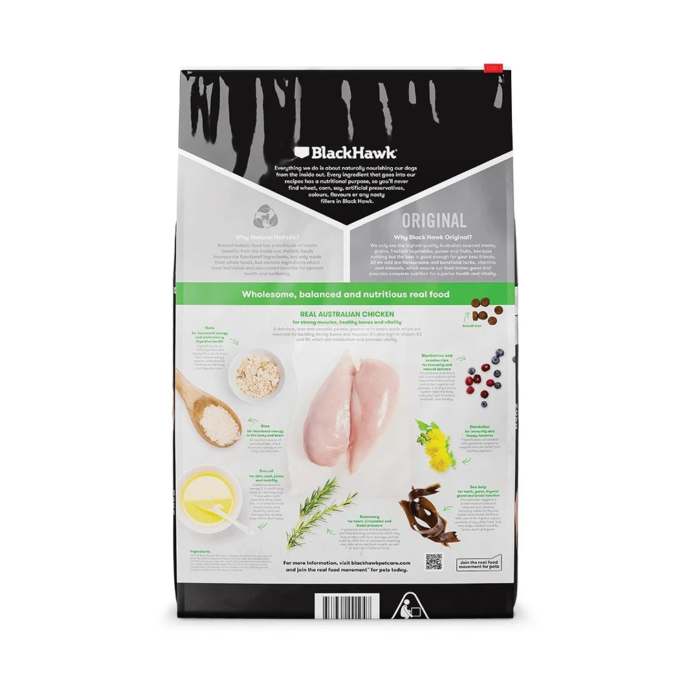 black hawk chicken and rice dry dog food 20kg back