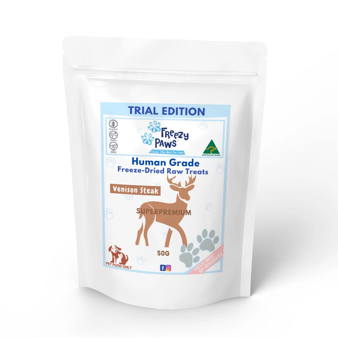 freezy paws freeze dried venison steak raw treats for dogs and cats 50g