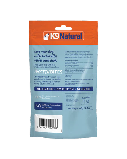 K9 Natural Dog Treats Air Dried Beef Lung Protein Bites 60G back